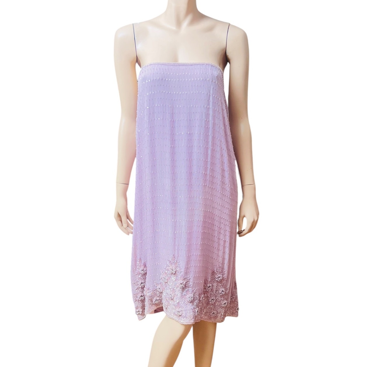 Escada Vintage 90s Strapless Lilac Intricate Floral Beaded 100% Silk Size 42
